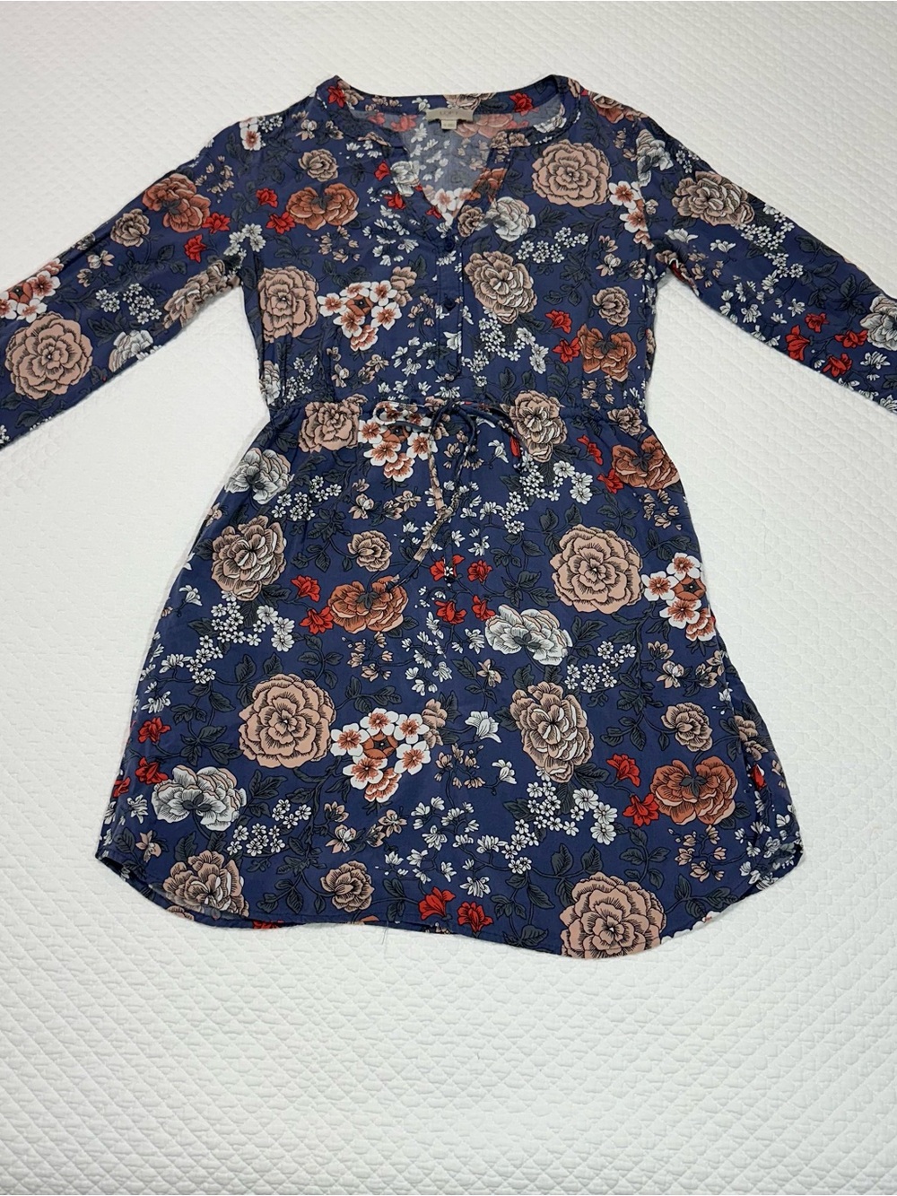 LOFT Navy Floral Button-Front Dress with Pink Accents